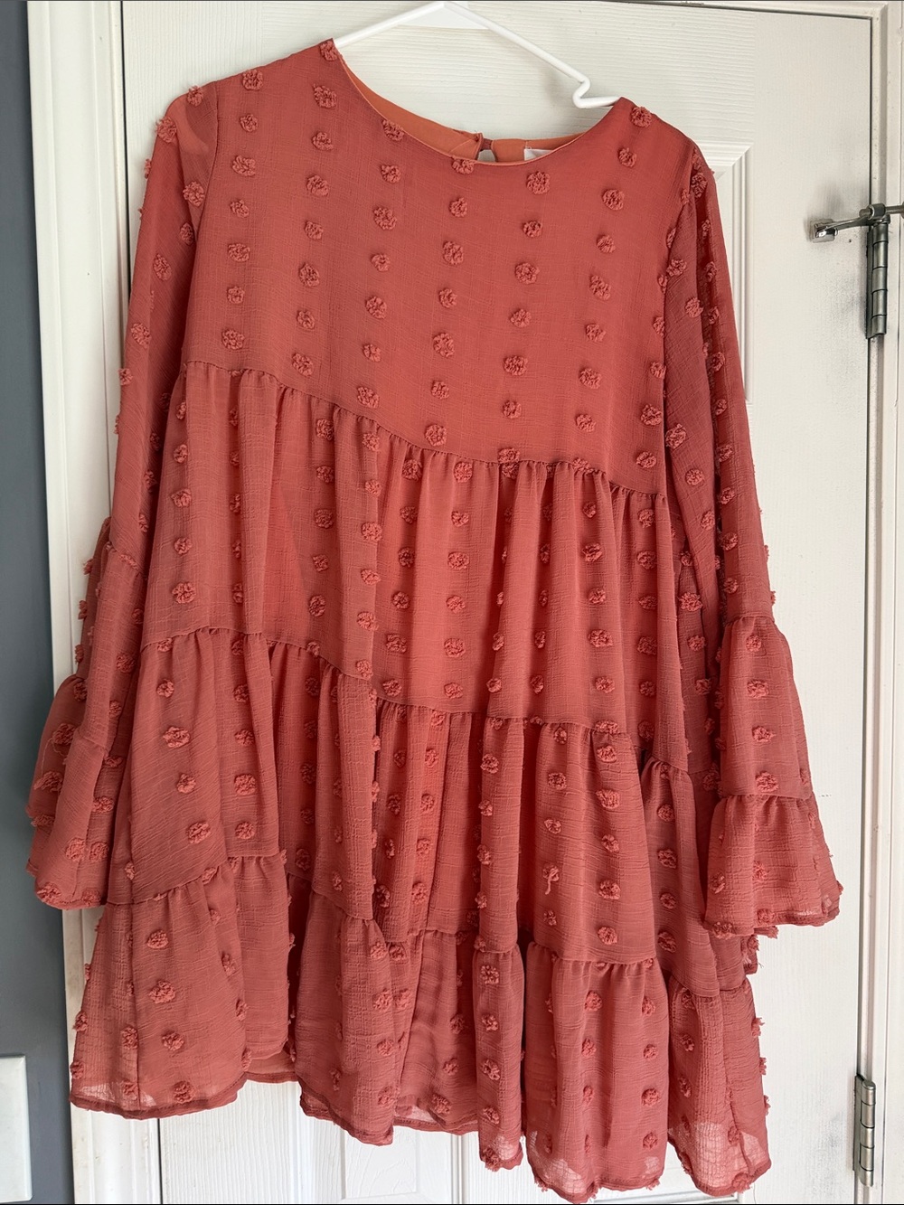 Tiered Swiss Dot Babydoll Dress in Dusty Rose